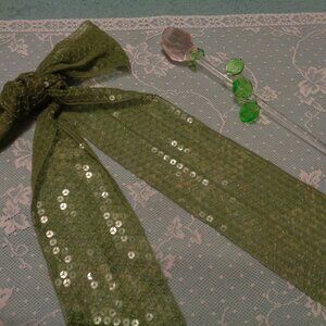 BEJEWELED MOSSY GREEN SCARF OR BELT PLASTI GLASS LONG ROSE ON STEM LOT